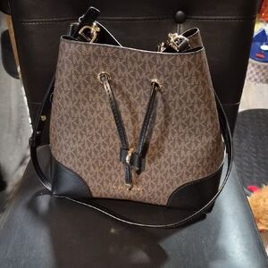 Michael Kors Brown & Black Signature Drawstring Hobo Bag
